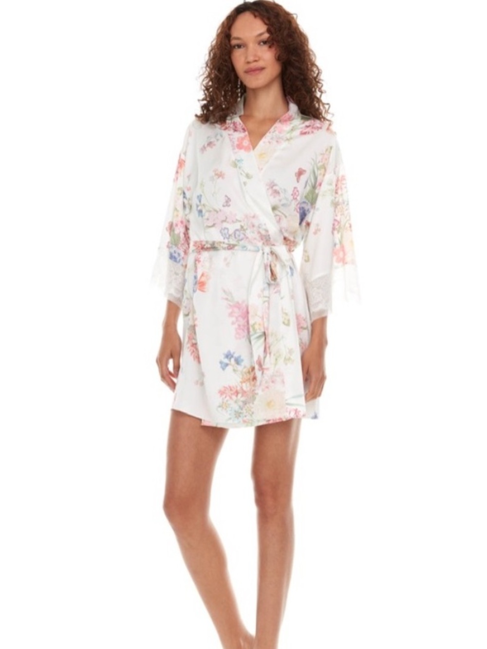 Anthropologie Flora Nikrooz White Floral Satin Wrap Robe XS/S Bridal Honeymoon